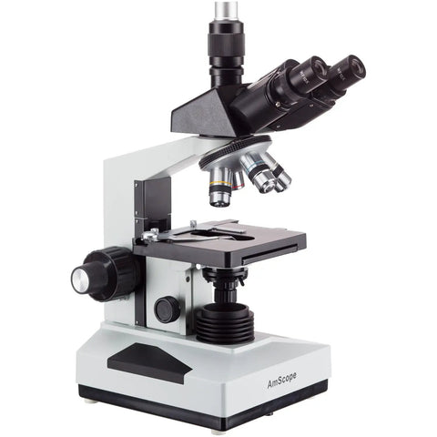 Rock Solid Pro Grade Digital Compound Microscope With 5MP USB Camera And 40X To 2000X Magnification, side view showing eyepieces and optics.
