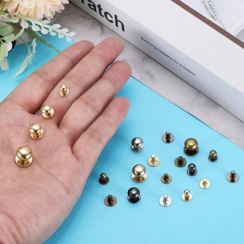 6mm Ball Head Rivet Set With Screw Back 100 Pack For DIY Leather Craft Handbags And Belts, Round Head Button Nipple Rivets In 4 Colors, Easy Secure Studs For Craft Projects, gold rivets in hand