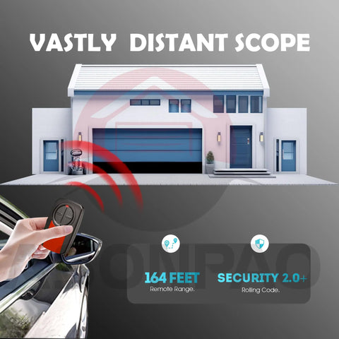 Hand using Universal Garage Door Opener Remote Pack Of 3 For LiftMaster Chamberlain Sears Craftsman with modern house in background
