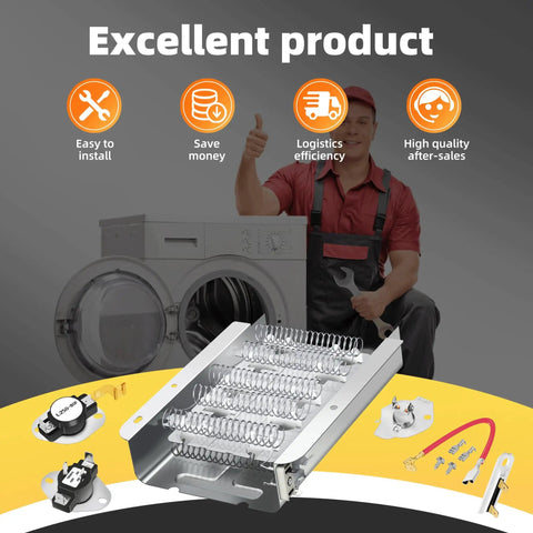 Plug-And-Play Dryer Heating Element Replacement Kit With Thermal Fuses And High Limit Thermostat For WED Series Dryers, displayed near dryer and technician.