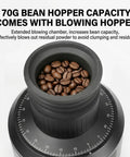 Stepless Adjustment Espresso Coffee Grinder Featuring 80Mm Stainless Steel Flat Burrs with 70g hopper and coffee beans.