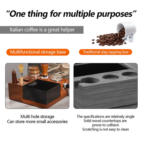 Solid Wooden Espresso Tamping Station With Fully Integrated Knock Box And Precision 58Mm Tamper Stand For Sapele Wood, multifunctional design.