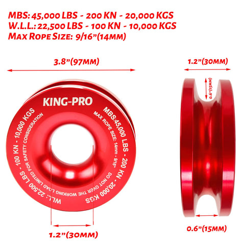 45000 Lbs Snatch Recovery Ring For Off Road Vehicles, red aluminum alloy, side and front view, weight specs shown