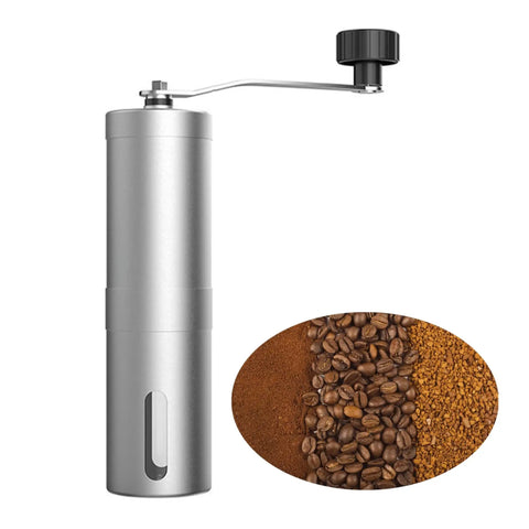 Portable Manual Coffee Grinder With Ceramic Burr, Adjustable Settings And Detachable Hand Crank, shown with coffee grounds and beans