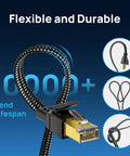 Flexible Cat 8 Ethernet Cable 15 Ft Nylon Braided Heavy Duty Patch Cord Shielded SFTP shown with bend lifespan icons