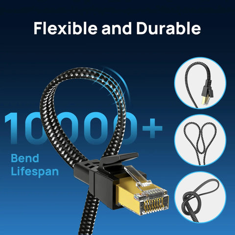 Flexible Cat 8 Ethernet Cable 15 Ft Nylon Braided Heavy Duty Patch Cord Shielded SFTP shown with bend lifespan icons