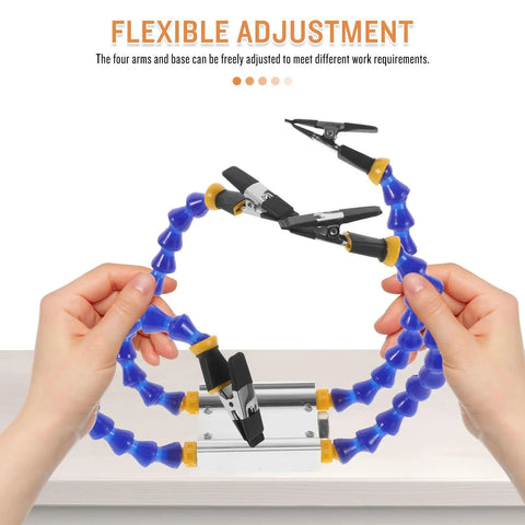 Hands adjusting Four Arm Soldering Station with Flexible Joints and Weighted Base Handy PCB Repairing Helping Hands Tool.