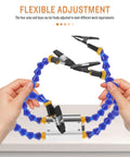 Person adjusting blue Four Arm Soldering Station With Adjustable Arms and Base Handy Helping Hands for PCB Repair
