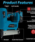 Top Shelf Cordless Brad Nailer Kit With 21V Power And Hella Long Battery Life showcasing trigger, soft handle, and battery features.
