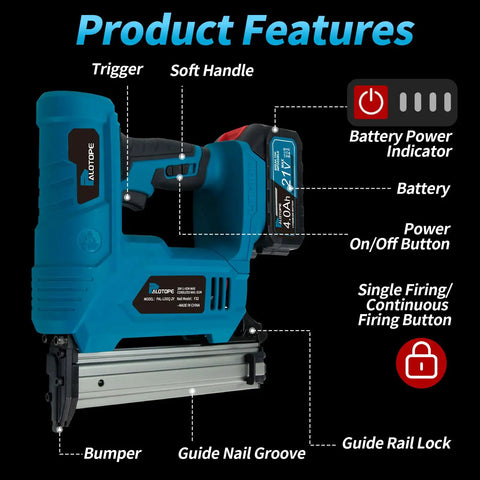 Top Shelf Cordless Brad Nailer Kit With 21V Power And Hella Long Battery Life showcasing trigger, soft handle, and battery features.