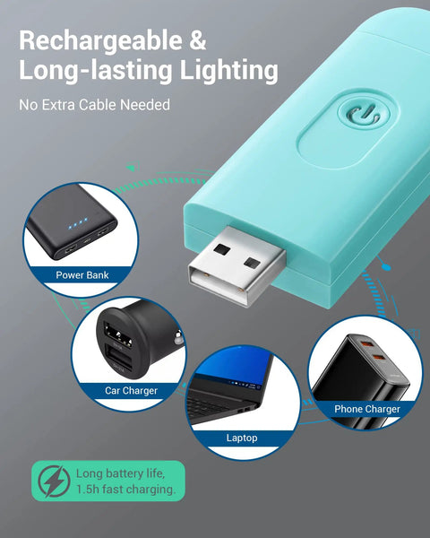 USB Rechargeable Clip On Book Light For Late Night Reading With Eye Care Glow showing USB plug and charging options