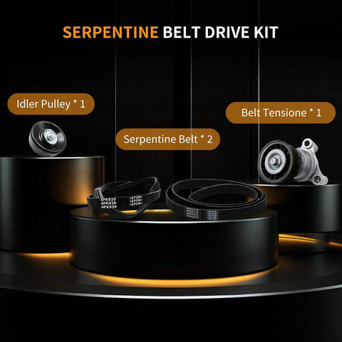 Drive Serpentine Belt Tensioner Pulley Assembly Kit Replaces 39083 For Chevy Trucks Cars Super Durable Replacement Part With Matching Idler Pulleys And High Performance Belts To Keep Your Ride Running Smooth And Reliable On The Road. Kit with idler pulley, tensioner, and serpentine belts