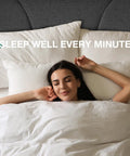 Woman enjoying comfort in bed under soft linen, with Rock Solid Upholstered King Bed Frame With Adjustable Headboard And Soft Grey Linen, Wood Slat Support, No Boxspring Needed, Quick Assemble, Bedroom Glow Up.