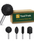 Coarse Sphere Rotary Burr For Wood Carving, Quarter Inch Shaft, Ball End Rasp Bit, One And One Quarter Inch Head Diameter, Heavy Duty Tungsten Carbide, Fits Bosch Foredom DeWalt Milwaukee Tools, Speeds Wood Shaping Bowls And Contours, displayed with packaging and variations