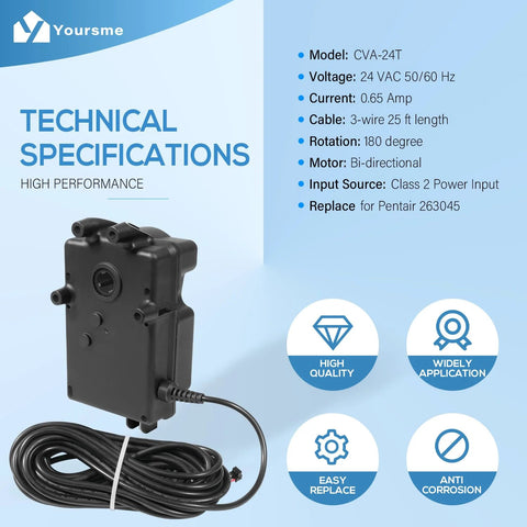Yoursme CVA-24T valve actuator, black plastic housing with 25 ft 3-wire cable, front view