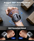 Wristband Wearable Barcode Scanner For Hands Free Scanning Fast 1D 2D Code Capture Pro Grade Portable Bluetooth USB QR Reader For Warehouse Use Compatible With iPhone iPad And Android shown with 360° rotating head on wrist