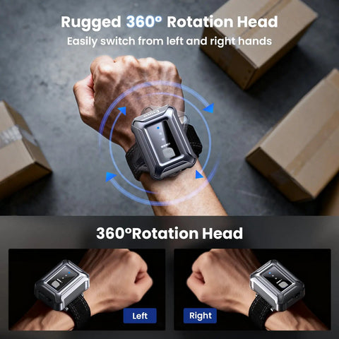 Wristband Wearable Barcode Scanner For Hands Free Scanning Fast 1D 2D Code Capture Pro Grade Portable Bluetooth USB QR Reader For Warehouse Use Compatible With iPhone iPad And Android shown with 360° rotating head on wrist