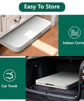 Two Pack 6 Foot Folding Tables, Heavy Duty Plastic Tops With Reinforced Steel Legs, 400 Lb Weight Capacity stored in indoor corner and car trunk.