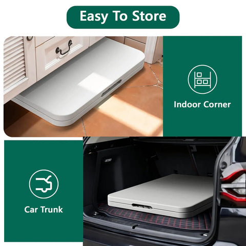 Two Pack 6 Foot Folding Tables, Heavy Duty Plastic Tops With Reinforced Steel Legs, 400 Lb Weight Capacity stored in indoor corner and car trunk.