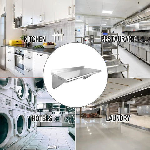 Stainless Steel Wall Mount Shelf 12x24 Inches Heavy Duty Kitchen Utility Rack for versatile use in kitchen, restaurant, hotel, laundry.
