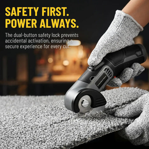 Lightweight Cordless Electric Scissors With Safety Lock For Easy Cutting Cardboard Fabric Leather Rope Plastic Carpet Perfect For Home DIY Craft Projects And General Household Tasks With Fast Usb Charging And Dual Blades Included For Efficient Workflow cutting through textured carpet.
