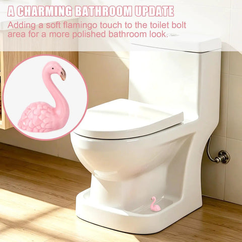 Totally Vibes Super Sweet Pink Flamingo Ceramic Toilet Bolt Covers Sets Off That Nice Vibe In Any Bathroom Super Easy Install Waterproof Flange Caps For A Fast Home Glow Up Two Pack with a pink flamingo on a white toilet.