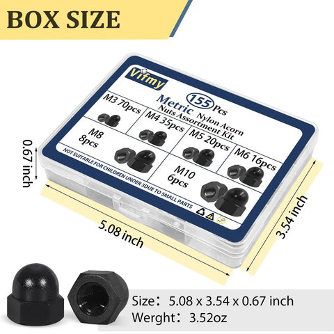 All In One Black Nylon Acorn Nut Kit With M3 To M10 Sizes, 155 Pieces, clear case with labeled compartments and example nuts