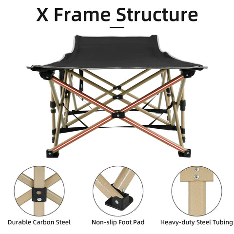 X frame structure of Portable Camping Cot With Thick Mattress, Extra Wide Design, Supports Up To 600 Lbs, Foldable
