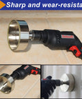 Heavy Duty Diamond Hole Saw Kit 4.75 Inch With Removable Pilot Bit in drill, shown cutting into tile surface.