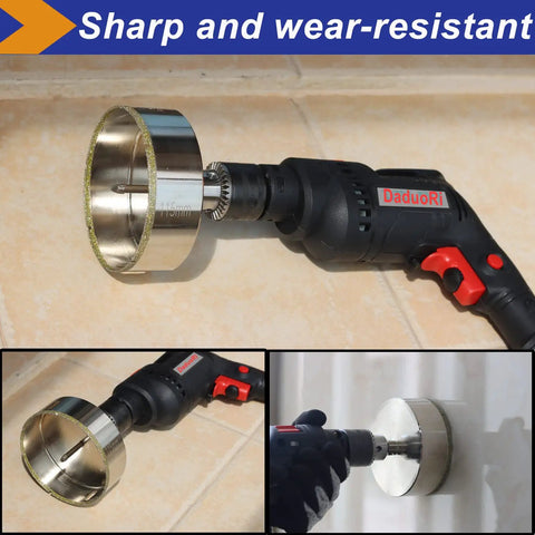 Heavy Duty Diamond Hole Saw Kit 4.75 Inch With Removable Pilot Bit in drill, shown cutting into tile surface.