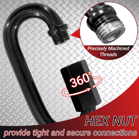 Heavy Duty Chain Quick Links Set With Two Half Inch Carabiners, 2500 Lbs Capacity, Anti Rust Black Carbon Steel Connectors Detail