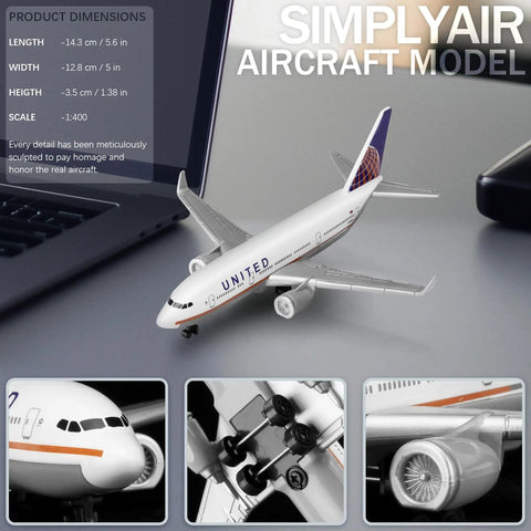 1/400 United Airplane Model Kit For Collectors, No Assembly Required, Alloy Body With Plastic Base, 5.6 Inch Length And 5 Inch Wingspan