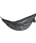 Wawona Camp Hammock With Carabiners And Tree Straps For Quick One Person Setup, Anthracite Grey Topo Print, hanging between points