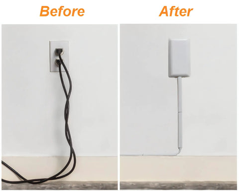 No Shock Baby Proof Outlet Protector With Concealed Cords And Protective Clips 8 Foot Flat Extension Cord shown before and after use