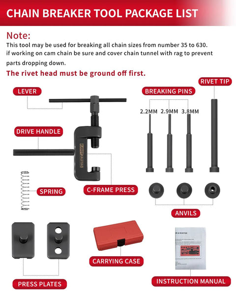 Front view of DAYUAN 13-pc motorcycle chain breaker set with C-frame press, drive handle, rivet tips, case