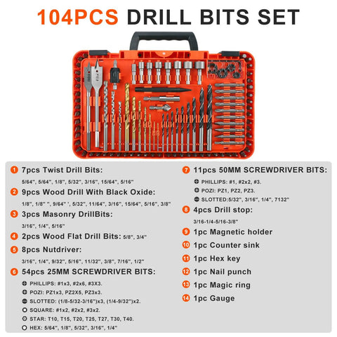 104 Piece Drill Bit And Driver Set With Tough Case Titanium Twist Bits Impact Driver Bits Masonry Spade Bits And Nut Drivers