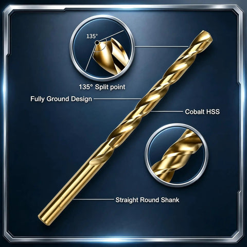 Boltly 115 Piece Cobalt Steel Drill Bit Kit With Self Centering Tips For Tough Metal And Wood Includes Fractional Letter Wire Sizes In Durable Indexed Case Perfect For Any Serious Job. 135° split point cobalt HSS drill bit