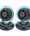 Four blue 80mm 85A inline skate wheels with ABEC 9 bearings and spacers stacked, highlighting PU abrasion resistance.