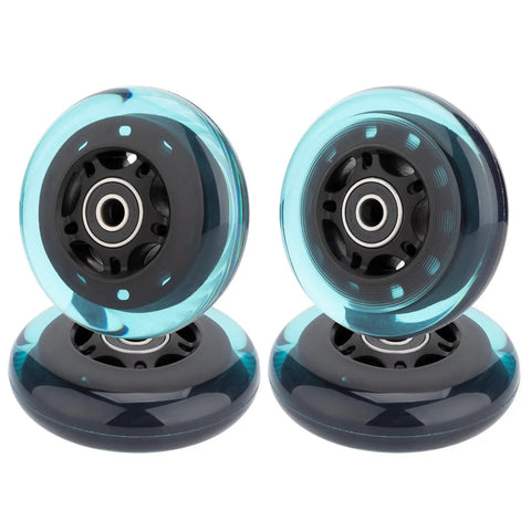 Four blue 80mm 85A inline skate wheels with ABEC 9 bearings and spacers stacked, highlighting PU abrasion resistance.