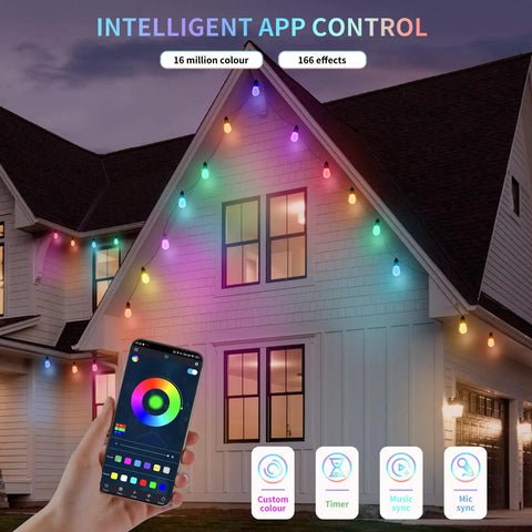 Outdoor String Lights 50 Feet For Patio With 20 Dimmable RGBW LED Bulbs IP66 Waterproof And Shatterproof App Control at dusk