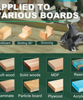 CNC Spoilboard Surfacing Router Bit With 1/2 Inch Shank 2-1/2 Inch Cutting Diameter 4 Wing Carbide Planing Bit For Slab Flattening And Woodworking High Performance Router Bit For Faster Smoother Planing shown next to various board materials.