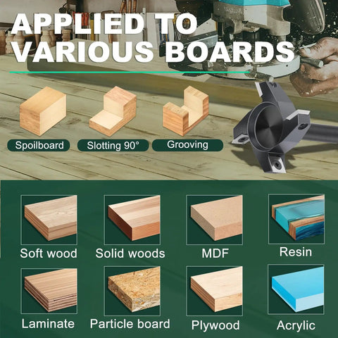 CNC Spoilboard Surfacing Router Bit With 1/2 Inch Shank 2-1/2 Inch Cutting Diameter 4 Wing Carbide Planing Bit For Slab Flattening And Woodworking High Performance Router Bit For Faster Smoother Planing shown next to various board materials.