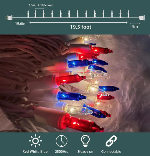 Patriotic Red White Blue Mini String Lights 100 Count with White Wire, close-up of bulbs on white wire for holiday decor