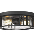 Industrial Two Light Flush Mount Ceiling Light With Black Cage Frame And Seeded Glass Shade, 13 Inch Fixture, side view