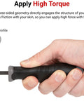 Hand gripping High Torque 8 mm Blade Nut Driver With Black Oxide Finish 6 Point Socket Opening Three Sided Handle For Maximum Leverage And Long Reach Durable Made In USA Tool showing three-sided handle design.