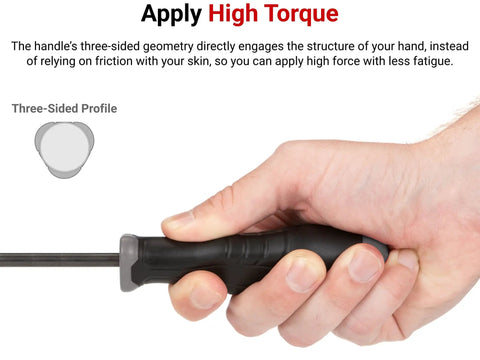 Hand gripping High Torque 8 mm Blade Nut Driver With Black Oxide Finish 6 Point Socket Opening Three Sided Handle For Maximum Leverage And Long Reach Durable Made In USA Tool showing three-sided handle design.