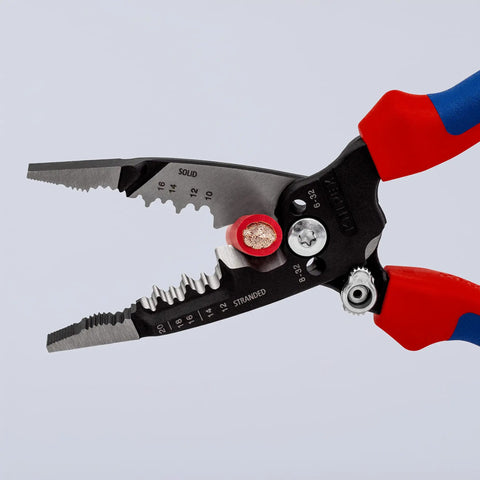 Pro Grade Multifunction Wire Stripper Pliers For Electricians With Two Component Ergonomic Handles And Multicolored Finish Eight Inch Tool close-up