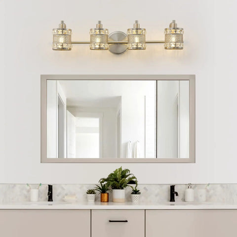 Over Mirror Four Bulb Bathroom Vanity Light with Cylinder Crystal Shade Modern Wall Sconce above sink mirror