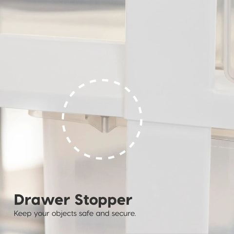 Close-up of stopper detail on Under Bed Storage Drawer Set 22 Qt Stackable Plastic Organizer Bins With Smooth Glide Sliding Drawers 4 Pack