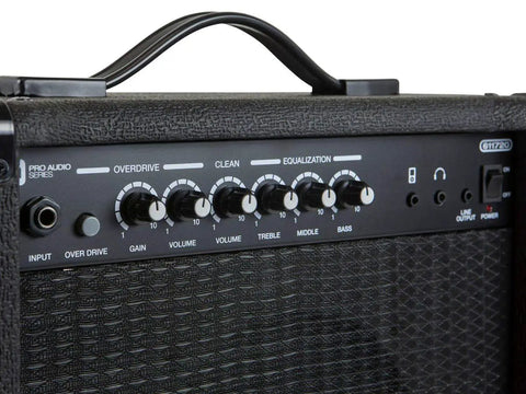 Close-up of control panel on 1x8 Guitar Combo Amp 20W With 8 Inch Speaker And 86dB Gain One Quarter Inch Guitar Input Aux MP3 Line In